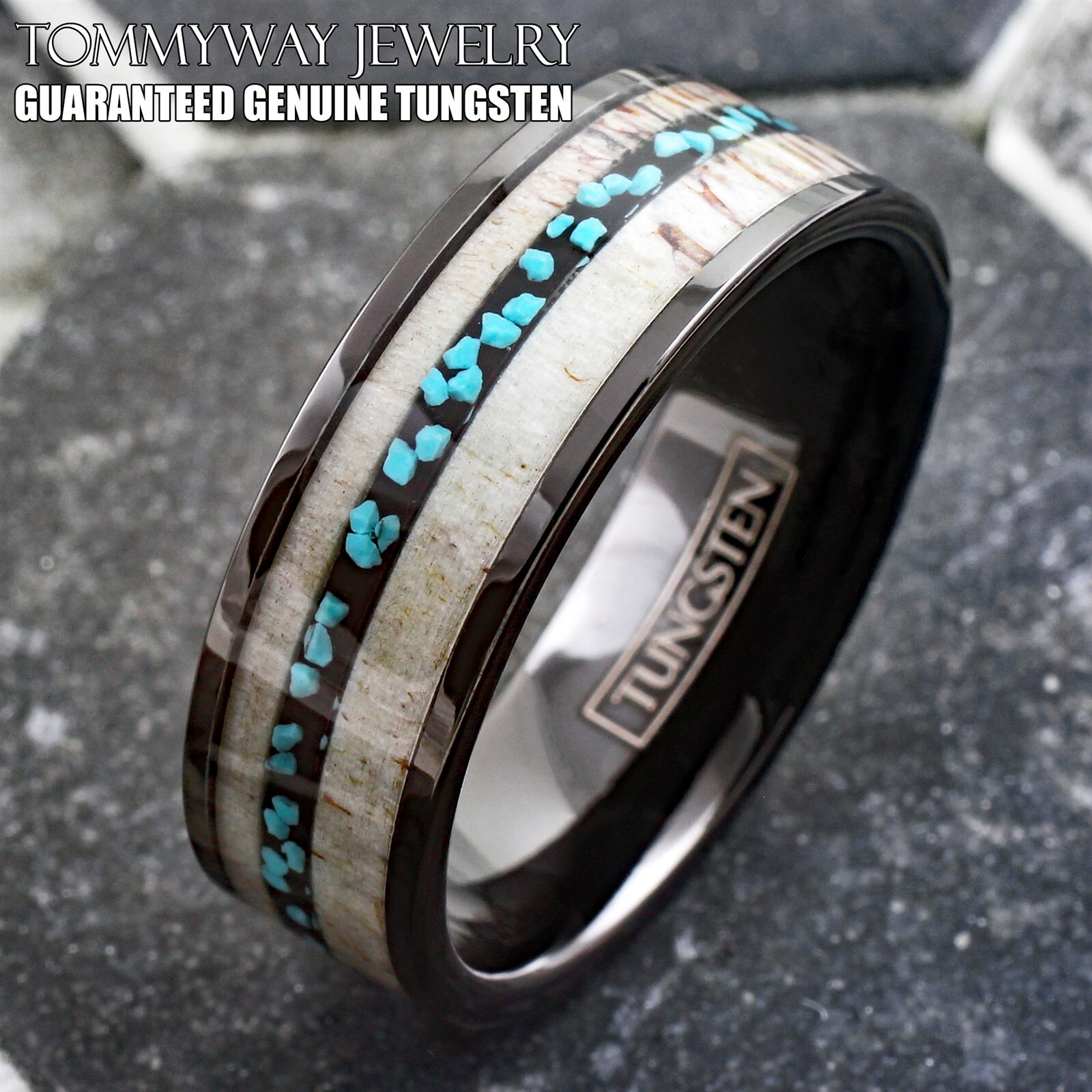 Black Tungsten Carbide Men’s Ring Deer Antler & Turquoise Wedding Band