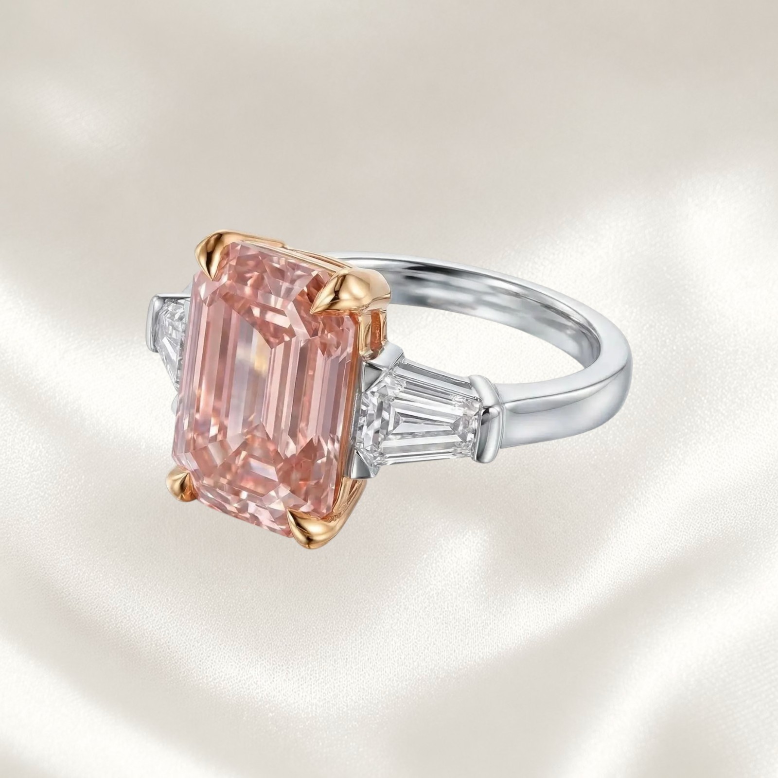 IGI Lab Created Diamond Ring 2.30 CT Emerald Cut Fancy Vivid Pink 14K Multi Gold