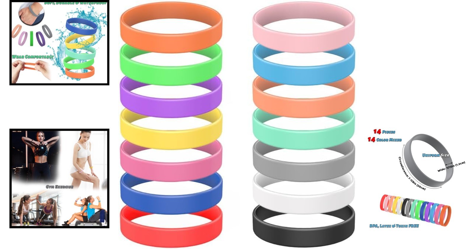 Versatile 14 Pcs Rubber Bracelets – Comfort-Fit Wristbands for Every Occasion