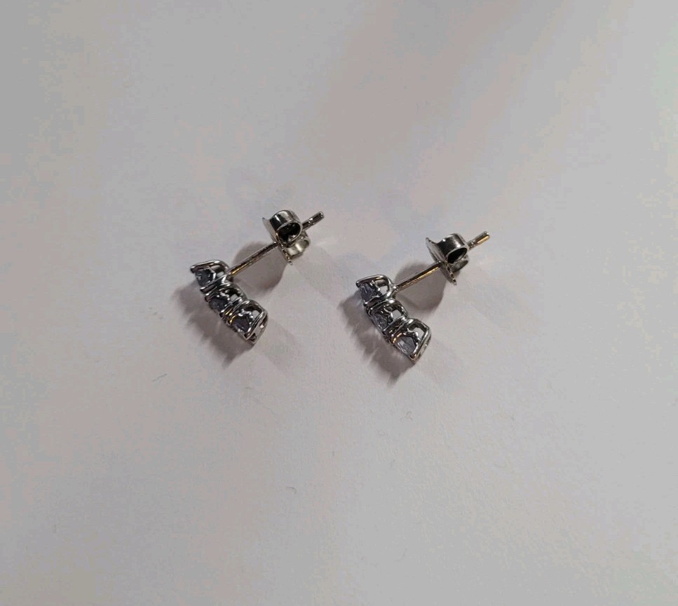 Sterling Silver Tanzanite 3 Stone Stud Earrings Light Purple