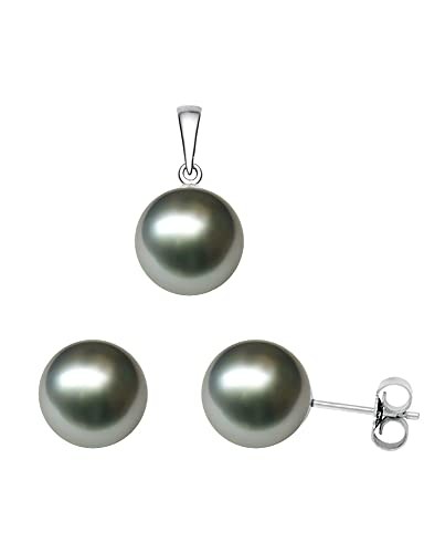 Gray Akoya Pearl Earrings and Pendant Set AA+ in Sterling Silver 7-7.5mm