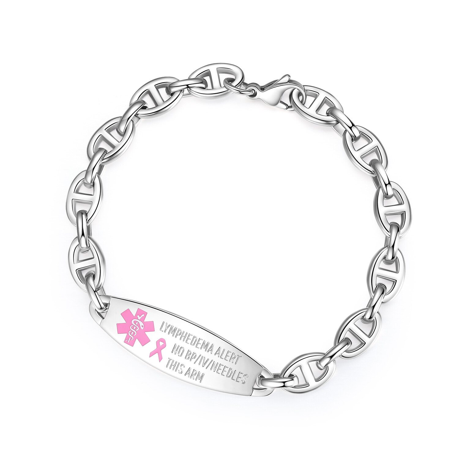 CUSTOM ENGRAVE Lymphedema Pink Ribbon Alert No BP/IV Needles Oval Link Bracelet