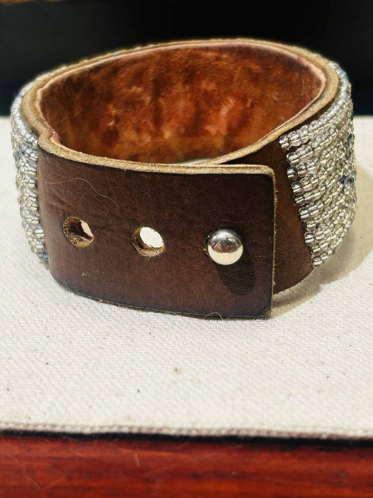 Beaded Silver And Slate Medium Width Ombré Leather Cuff Made In Tanzania