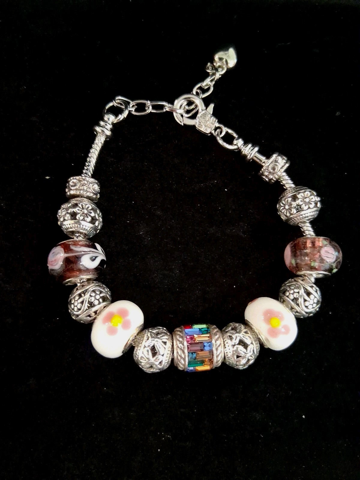 Silvertone 7.5″European CharmBracelet:Floral,Purple&Multicolor Rhinestone Charms