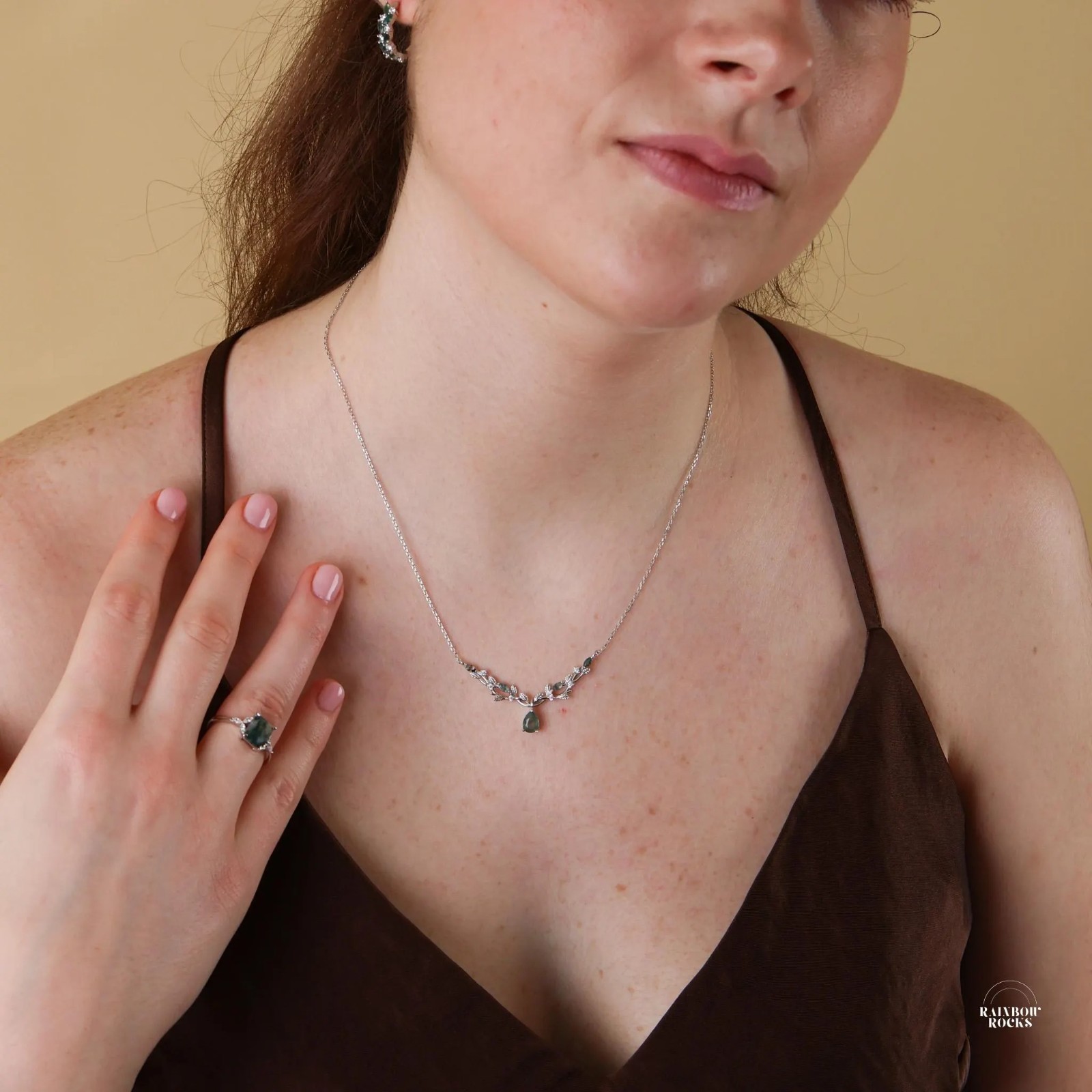 Natural Moss Agate Leaf Necklace Sterling Silver, Vintage Style Pendant for Her
