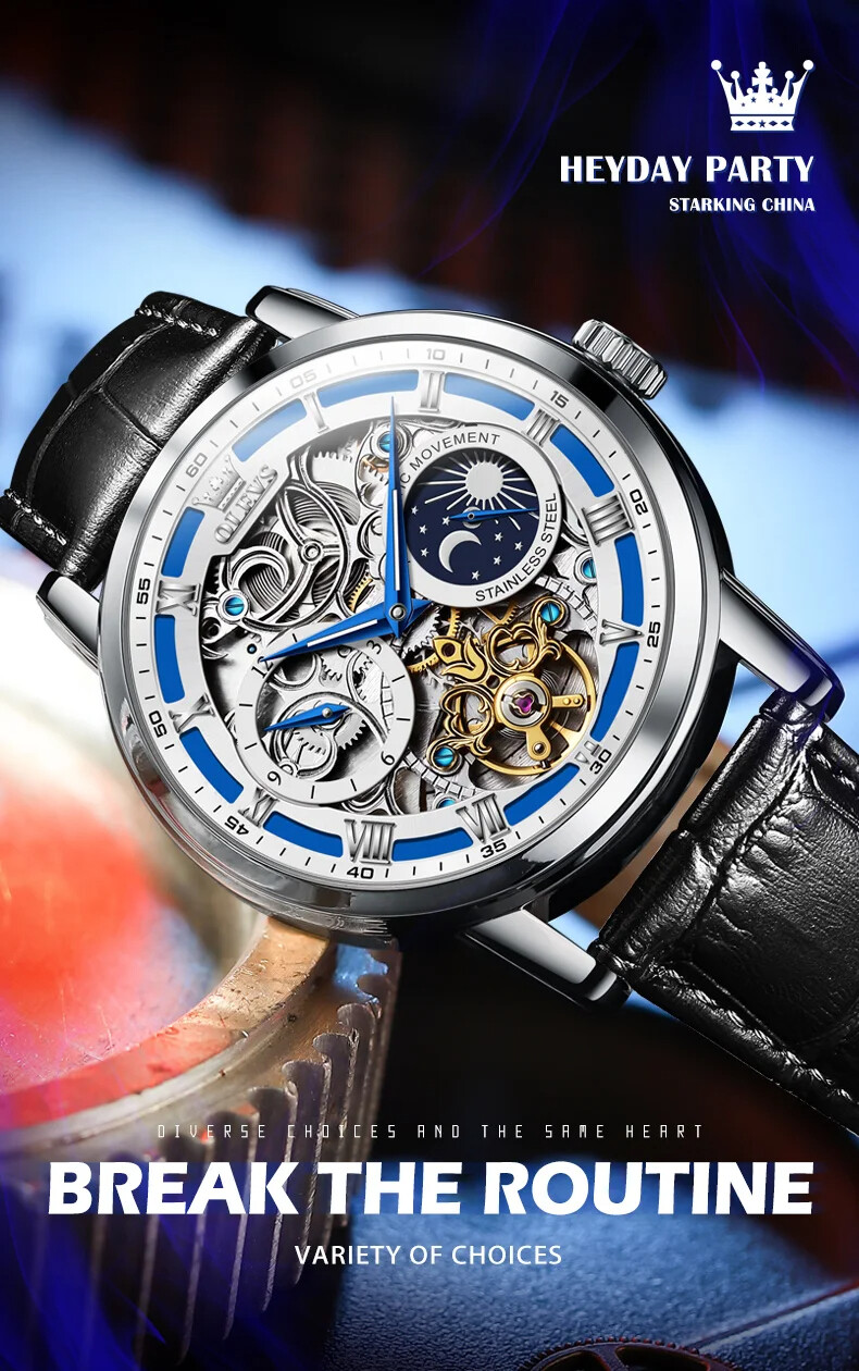OLEVS Skeleton Self-Wind Automatic Mechanical Men’s Watch Leather Moon Phase