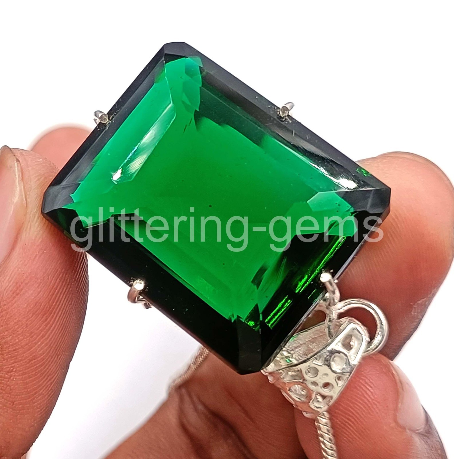 IGL Certified 94 Ct Natural Emerald Shape Gem Pendant 925 Sterling Silver 5DOI