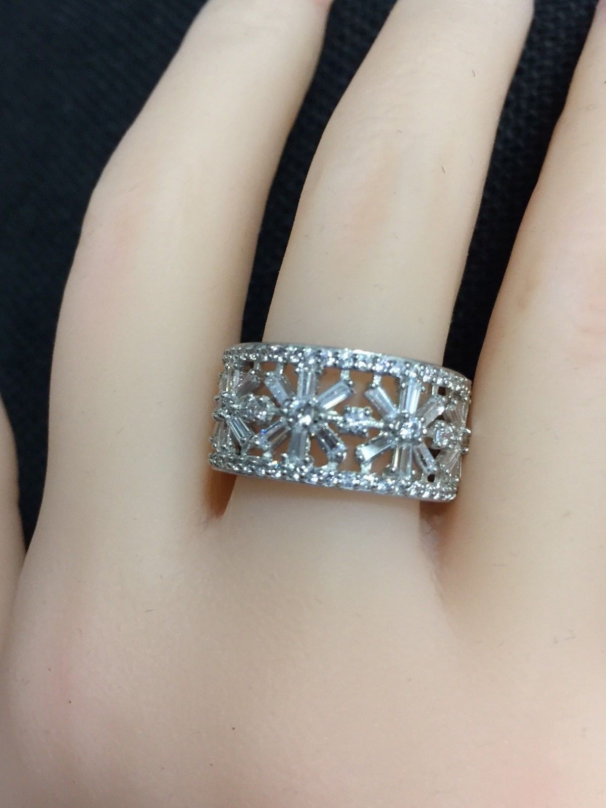 Beautiful Round & Baguette Clear CZ Eternity Band Silver Rhodium Plated Size 7