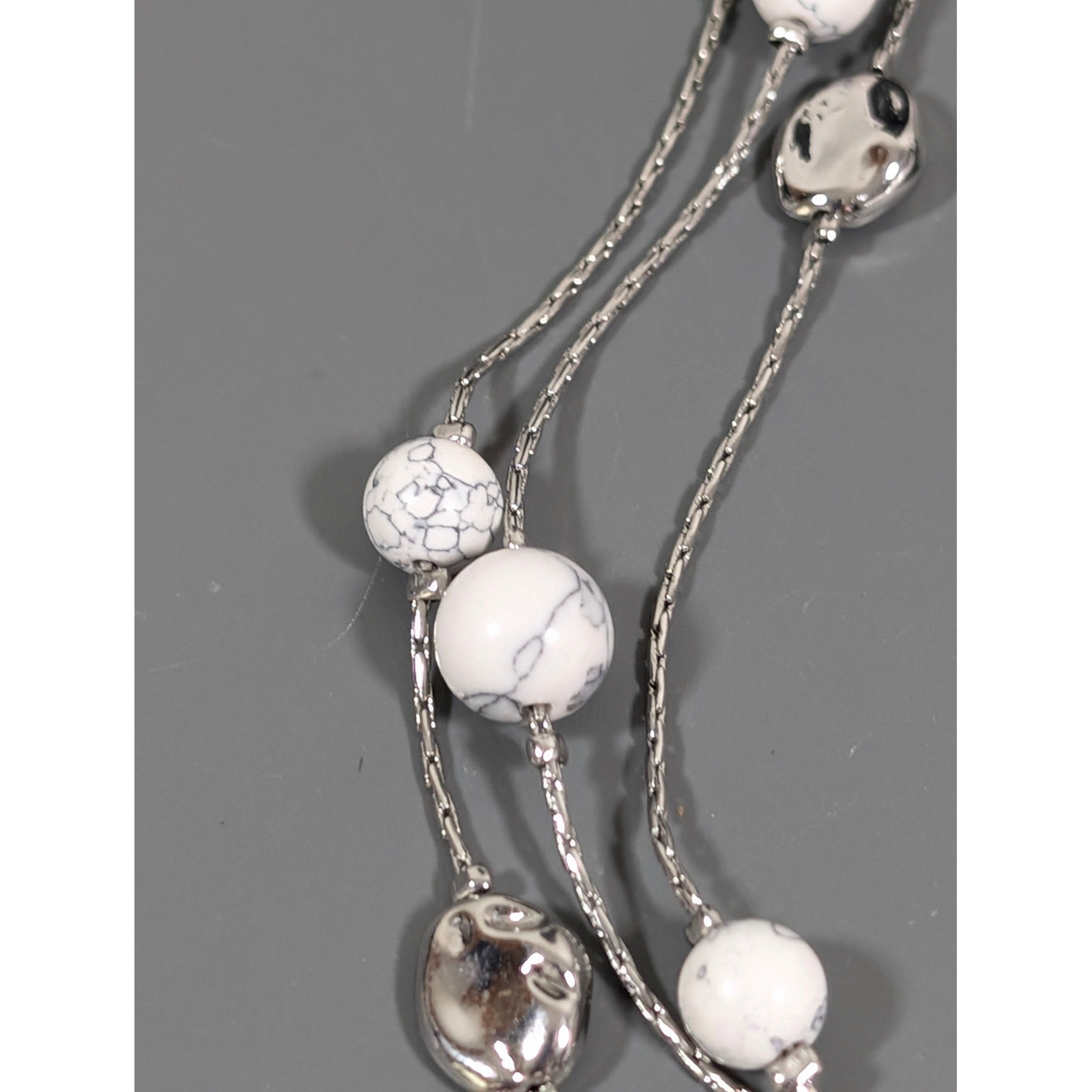 Silver Tone Multi Chain Marble Stone Station Necklace Layered 22.5in