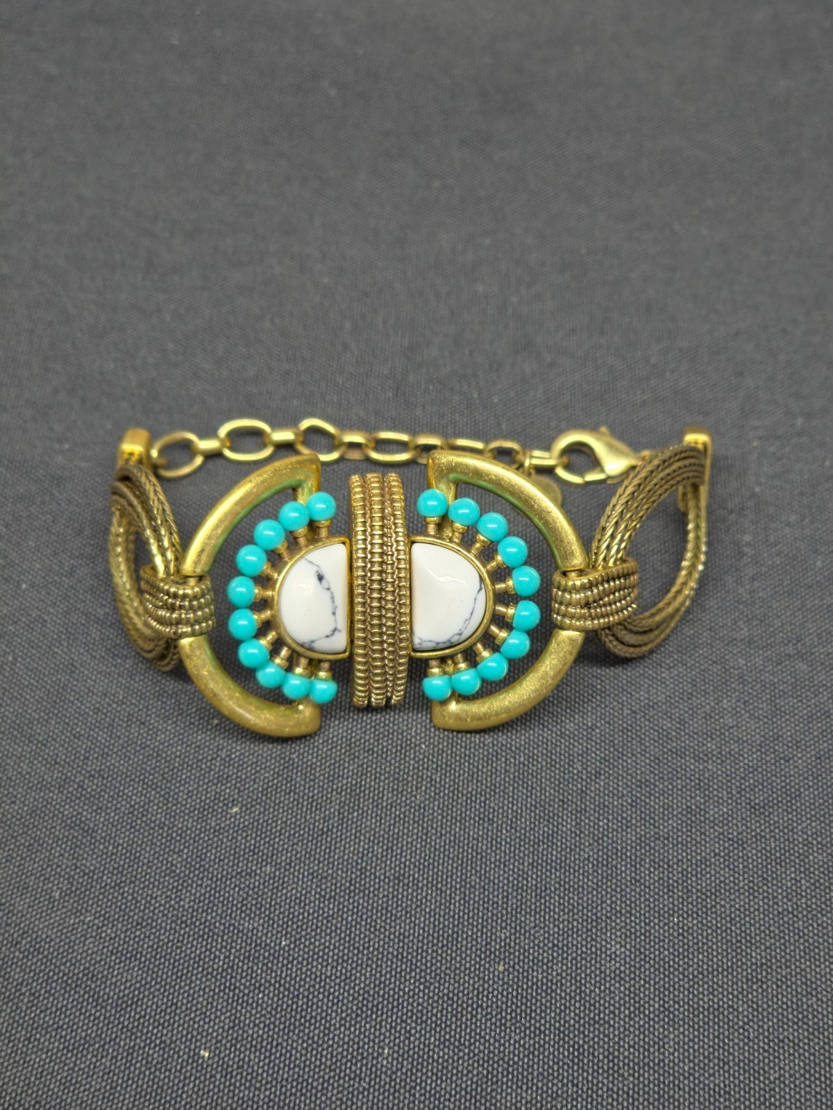 Stella Dot Boho Bracelet Antique Bronze Mesh Turquoise White Stone Adj 5.75-8″
