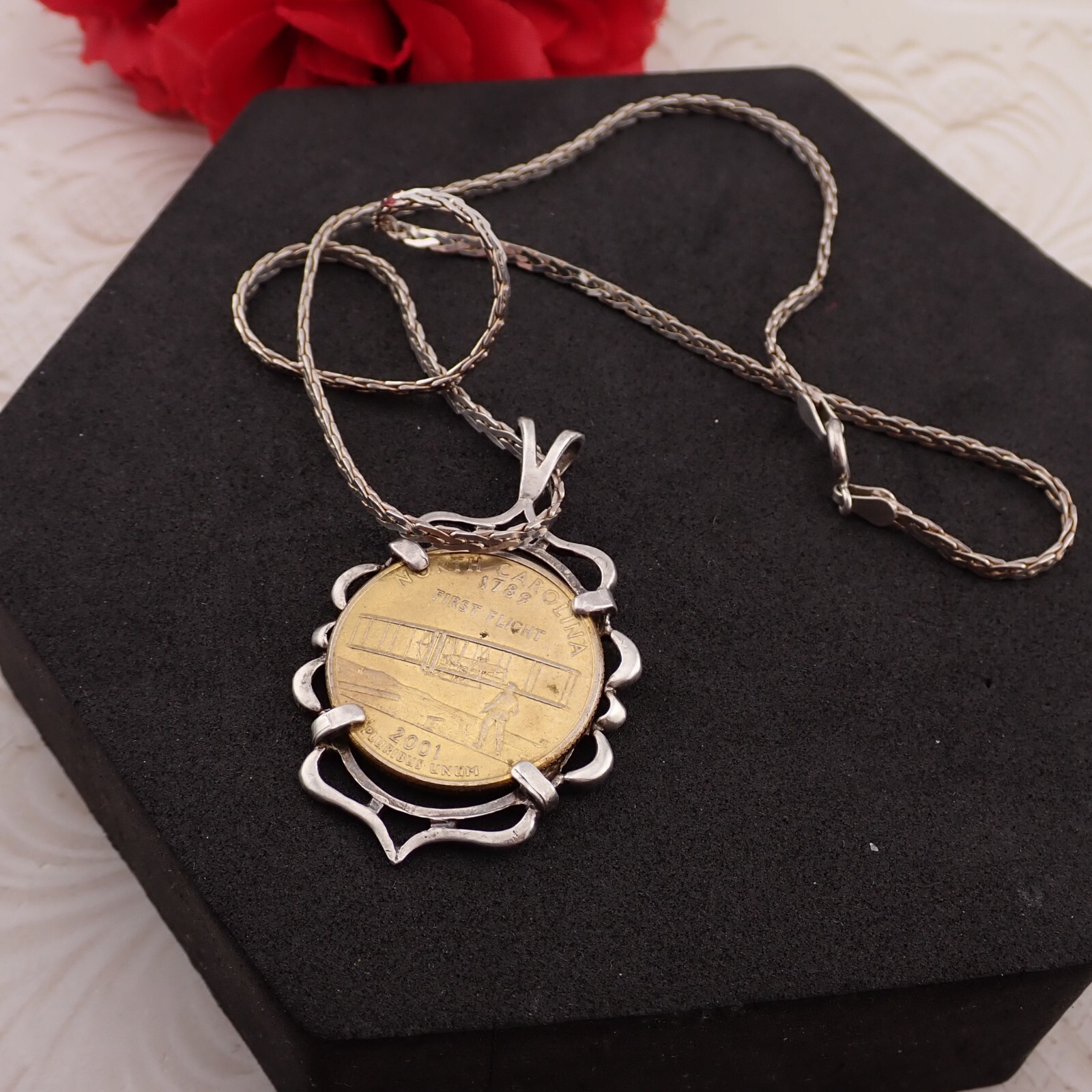 VTG 1990 2001 North Carolina Quarter Set w Sterling Silver Bezel and 16″ Chain