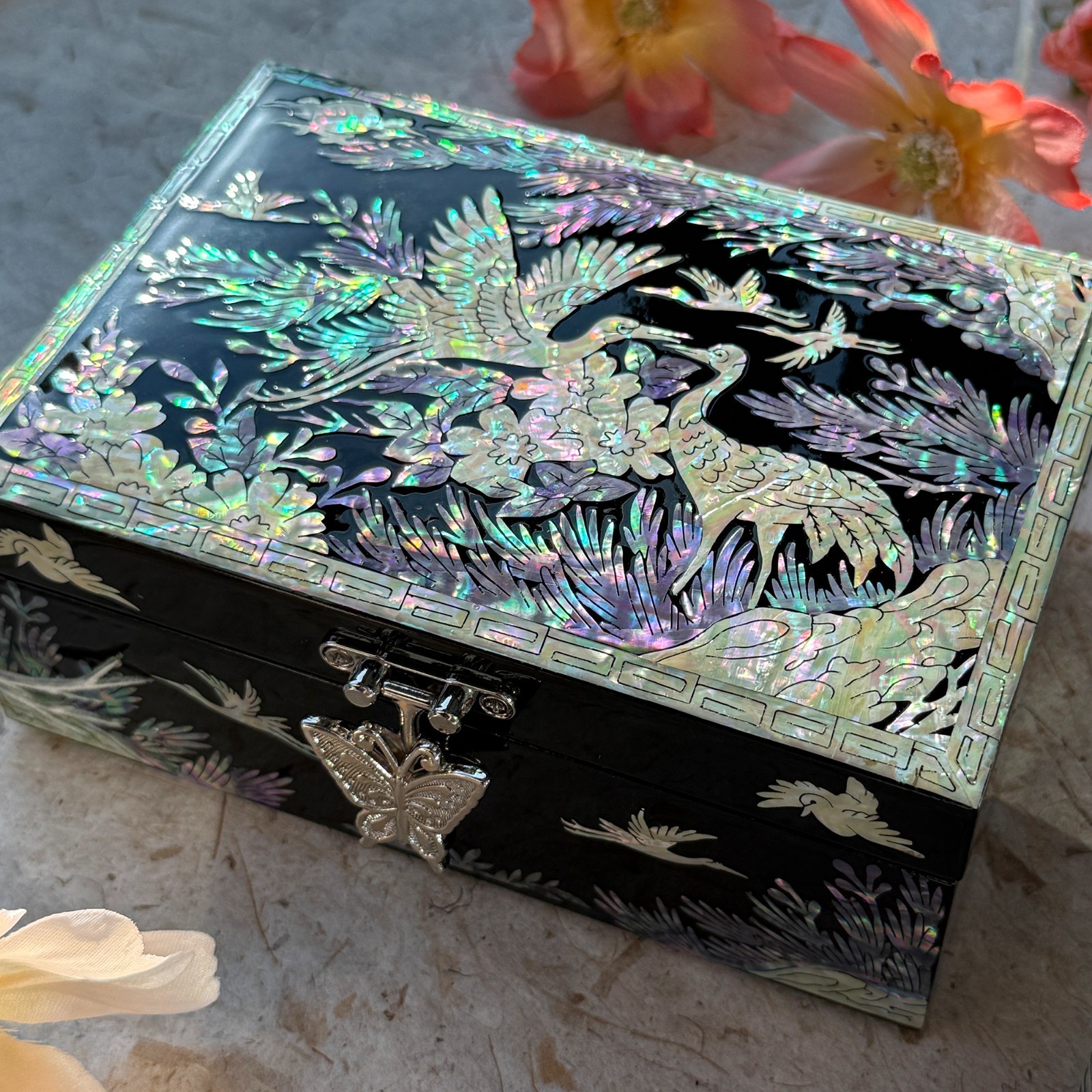 Korea Traditional Mother of Pearl Jewelry Box Crane Design wood trinket box