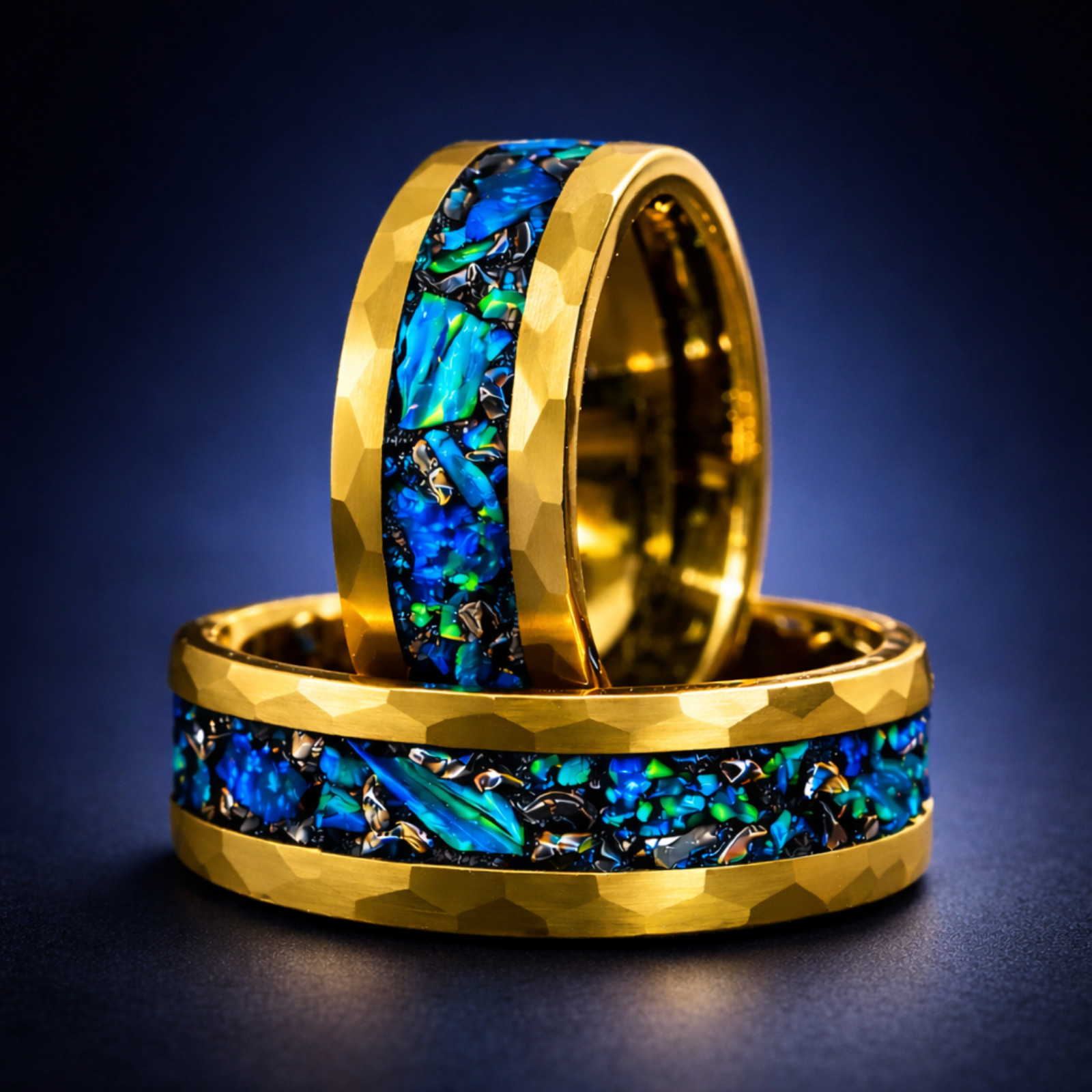 Men’s Hammered Gold Tungsten Wedding Band – Green Opal Meteorite Inlay, 8mm Band