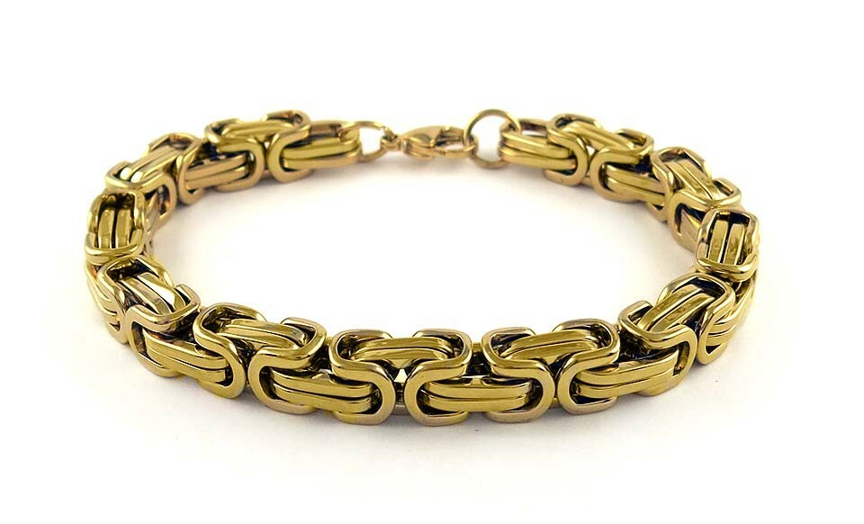 Men’s Stainless Steel 8MM Gold Mechanic Byzantine Bracelet Link Chain 8.5″