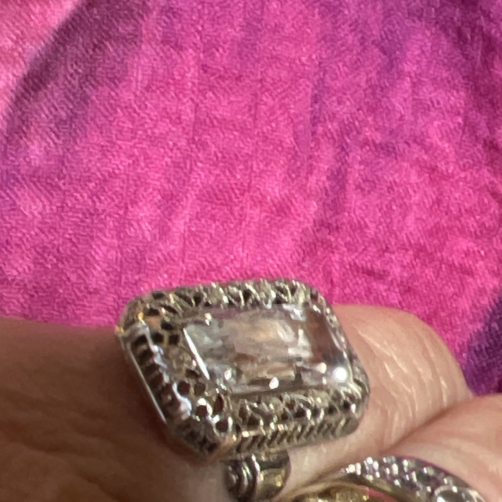 Antique Sterling Ring Clear Rectangle Stone Prong Set Size 5