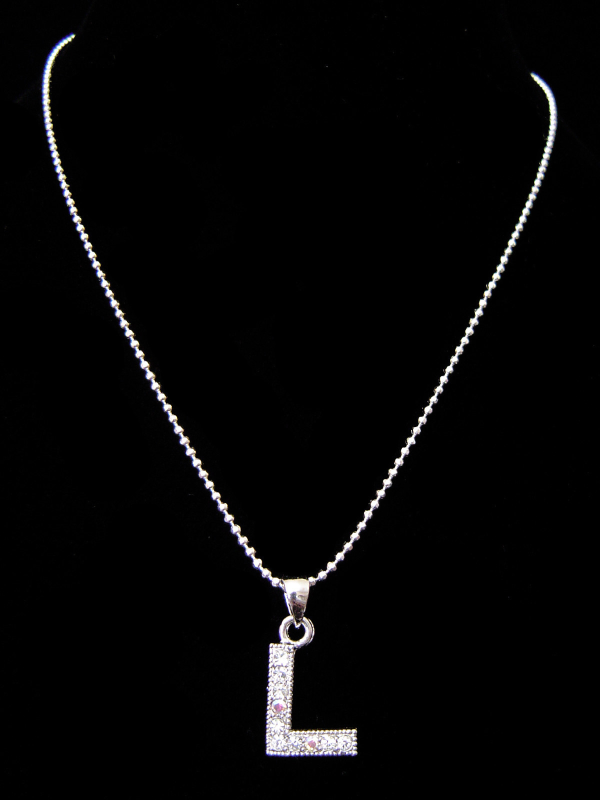 “L” LETTER INITIAL ALPHABET PENDANT CHARM NECKLACE SILVER TONE CRYSTAL 5 COLORS