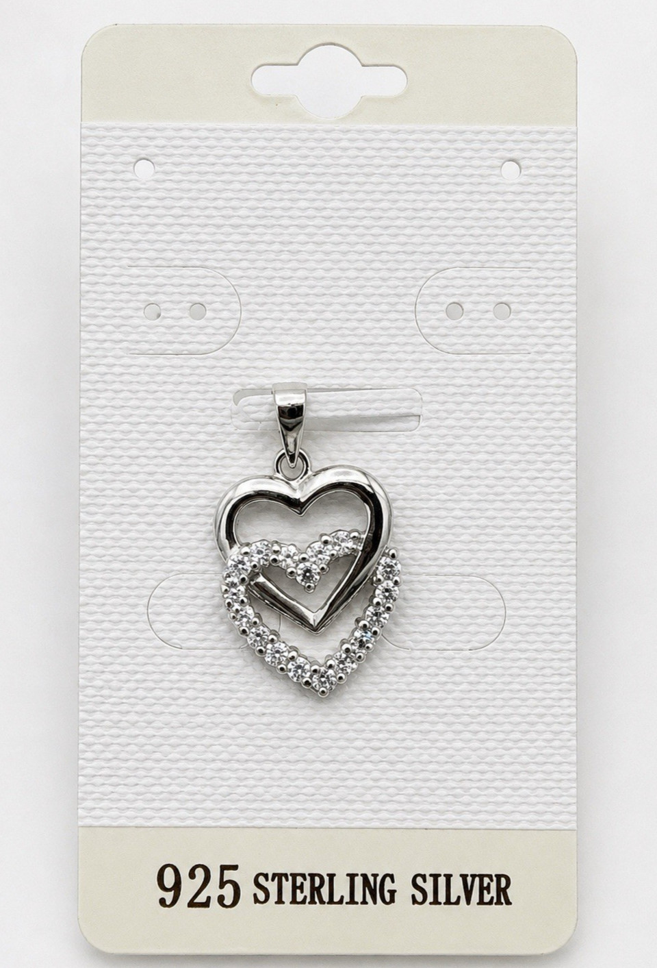Sterling Silver 925 Double Open Heart CZ Pendant Rhodium Plated NEW