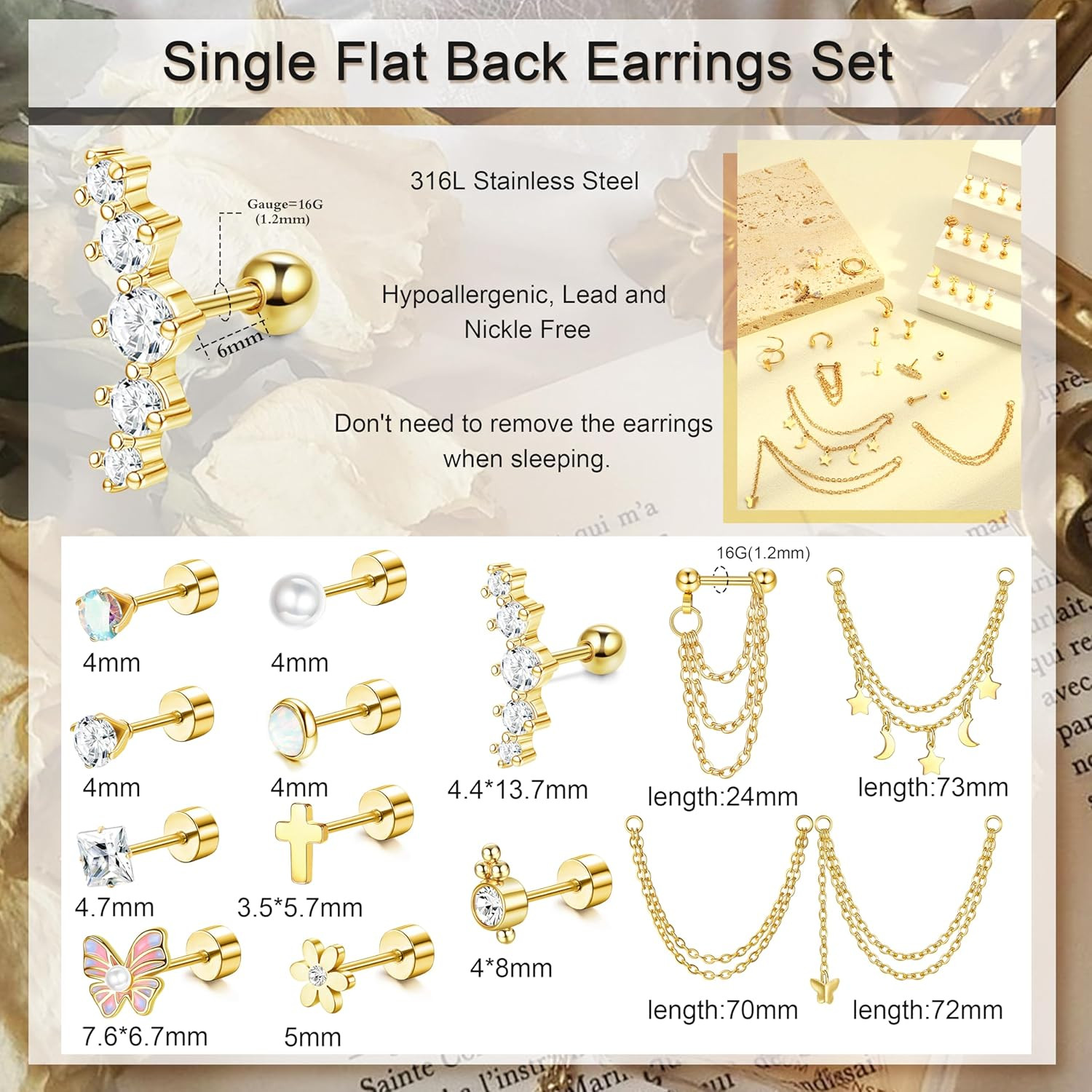 27Pcs Flat Back Earrings Hypoallergenic Surgical Steel Stud Earring Stacks Set D