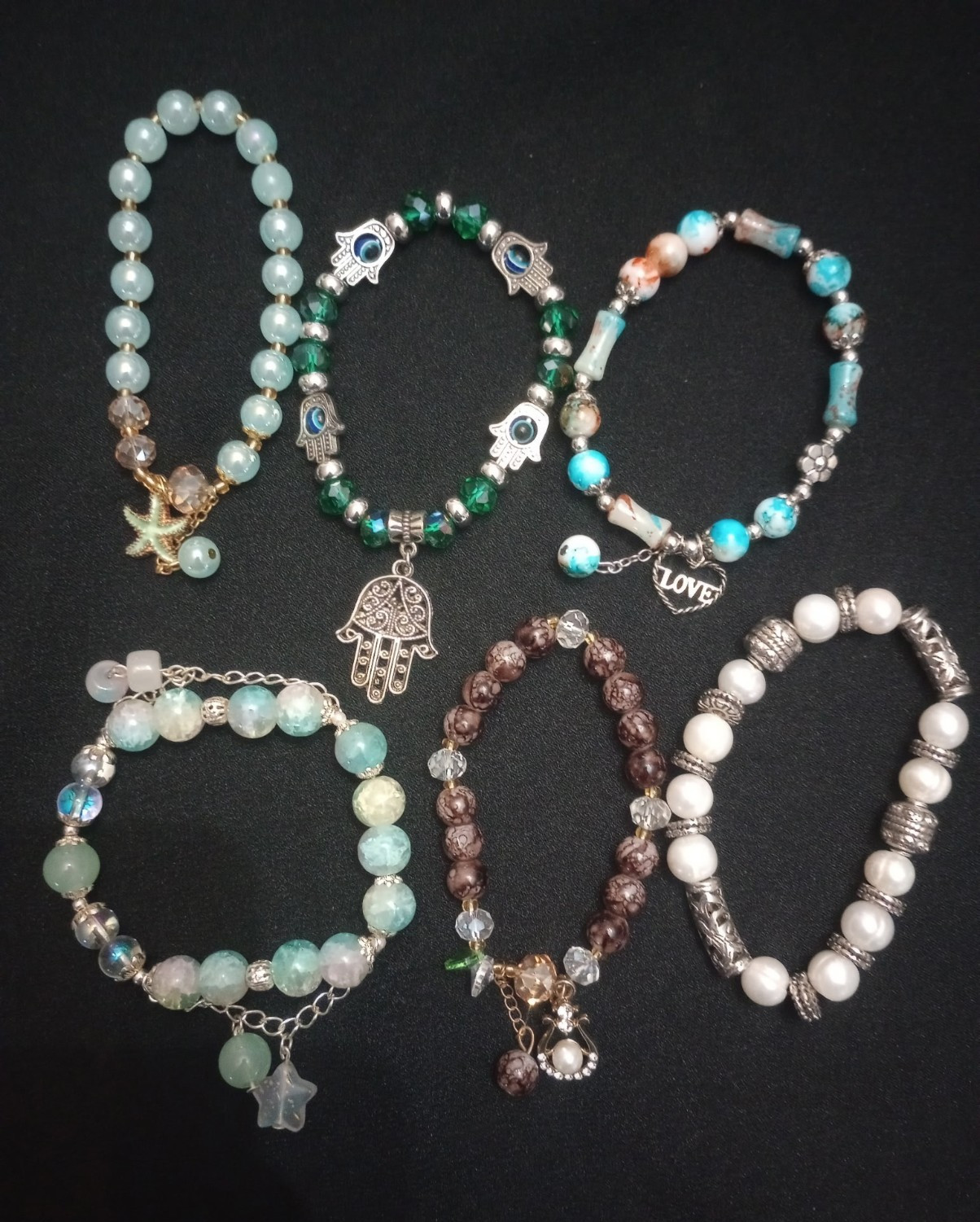 Mixed Lot 6 Multicolor Beaded Charm Bracelets, Unisex Adults Fashion Jewelry