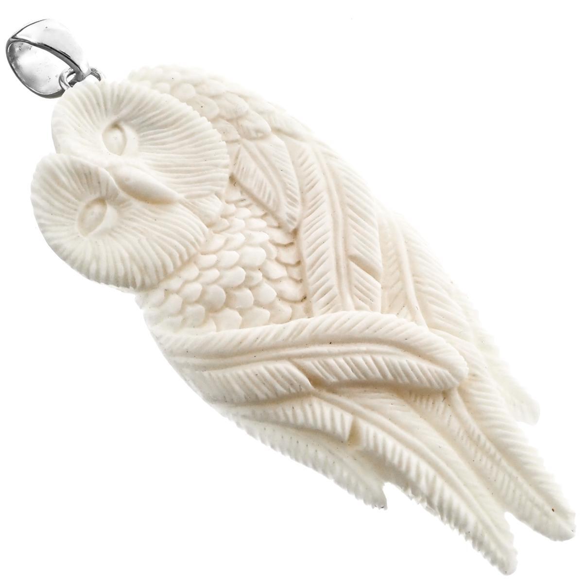925 Silver Owl Feather Handcarved Bison Bone Carving Sterling Pendant, 3″