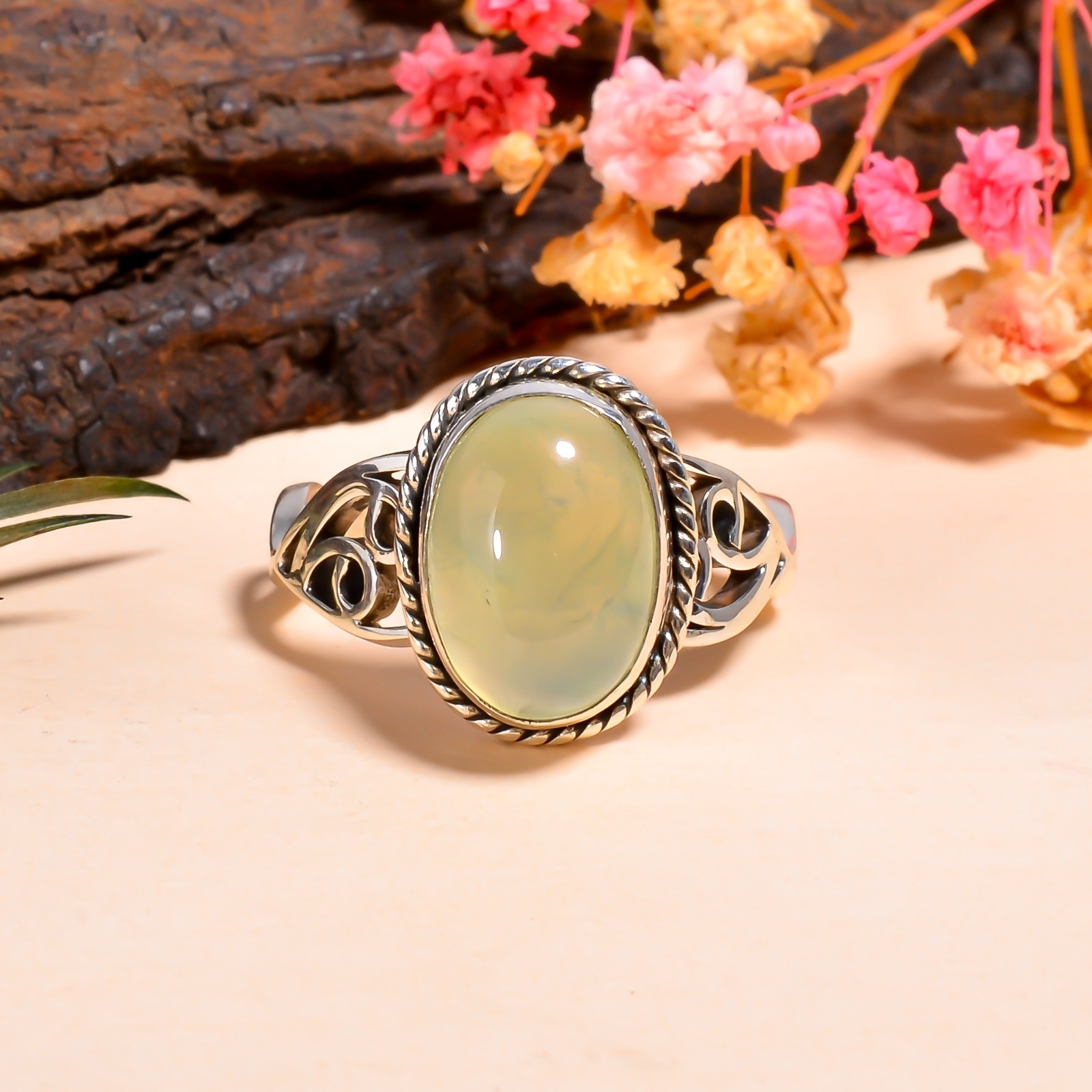 Prehnite Gemstone 925 Silver Handmade Statement Ring Jewelry