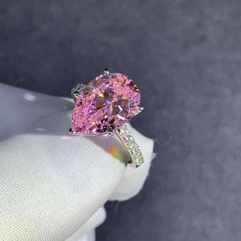 6.50 Ct Pear Cut Natural Pink Sapphire Diamond Ring 14K Solid White Gold Size 7
