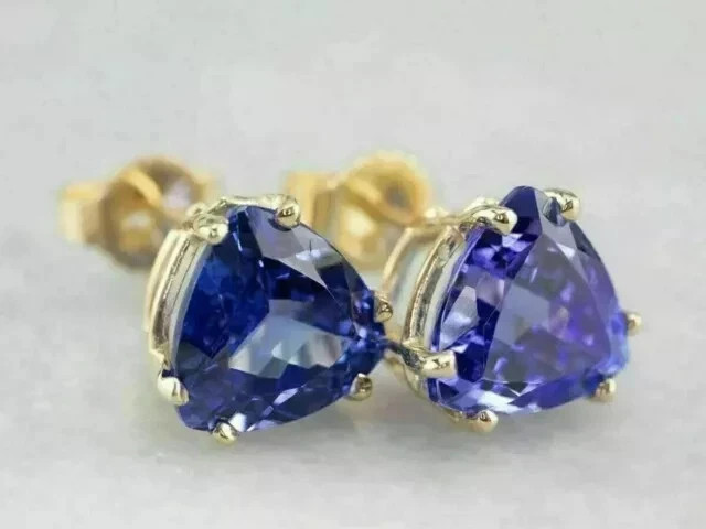 2CT Trillion Cut Lab-Created Blue Tanzanite Stud Earrings 14K Yellow Gold Plated