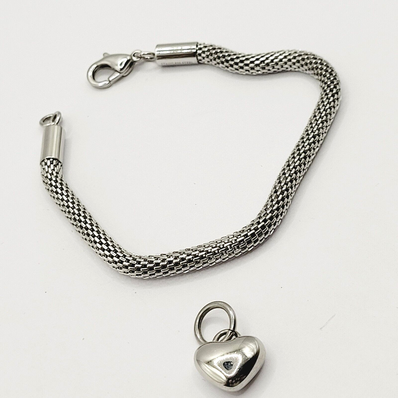Puffy Heart Polished Charm Dangle on Silver Tone Stainless Mesh Bracelet 7 Inch