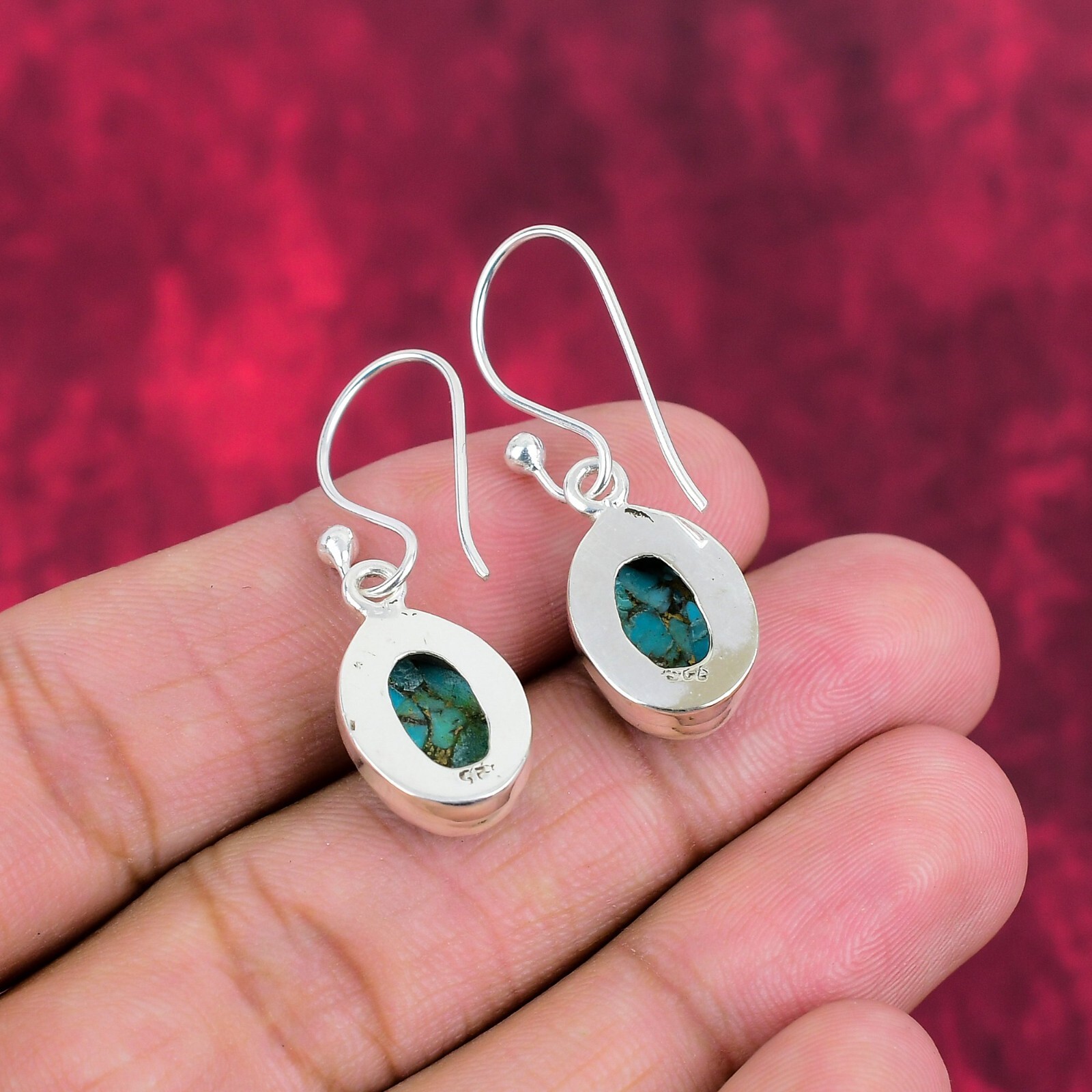 Blue Copper Turquoise Gemstone Handmade 925 Sterling Silver Earrings Jewelry