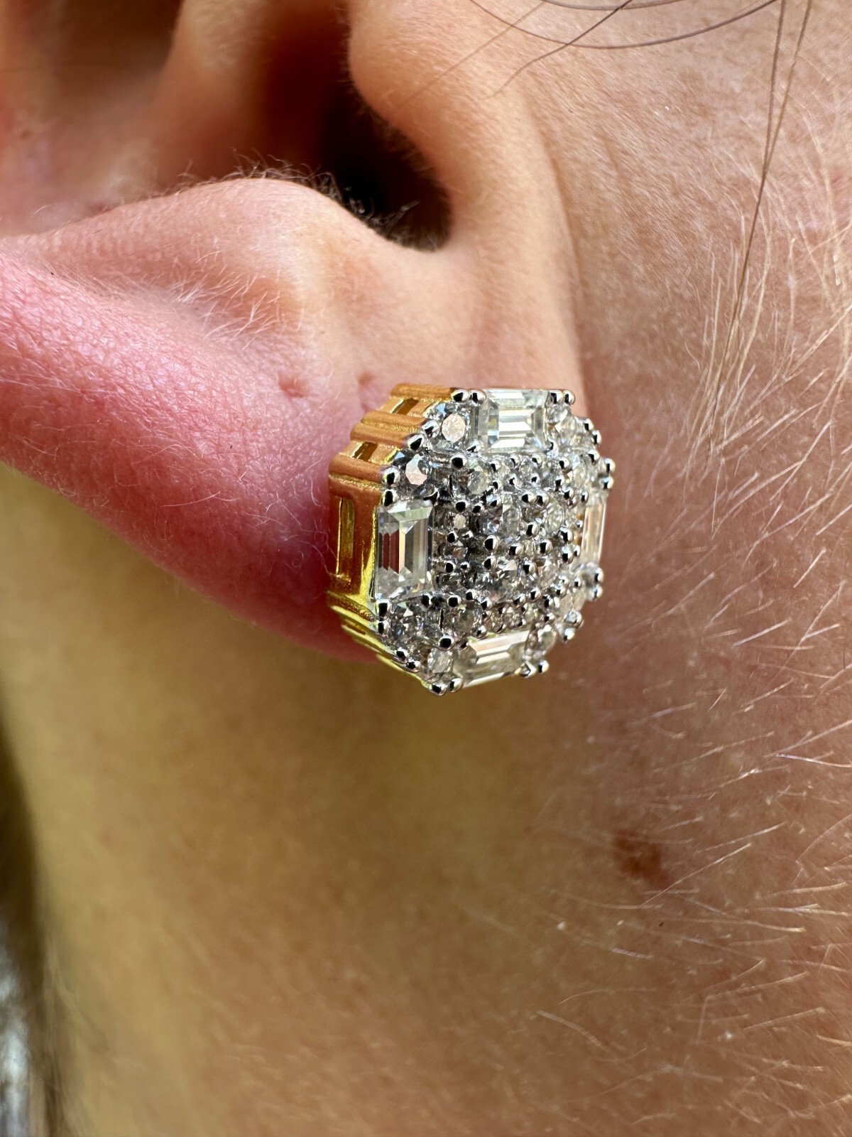 Screwback Earrings Real 14k Gold Plated 925 Silver CZ Baguette Iced Studs HipHop