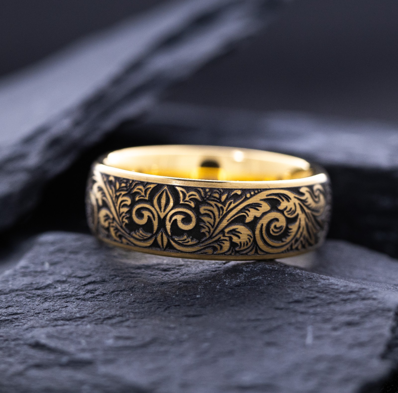 Fleur De Lis Deep Engraved Gold Plated Tungsten Ring with Victorian Engravings