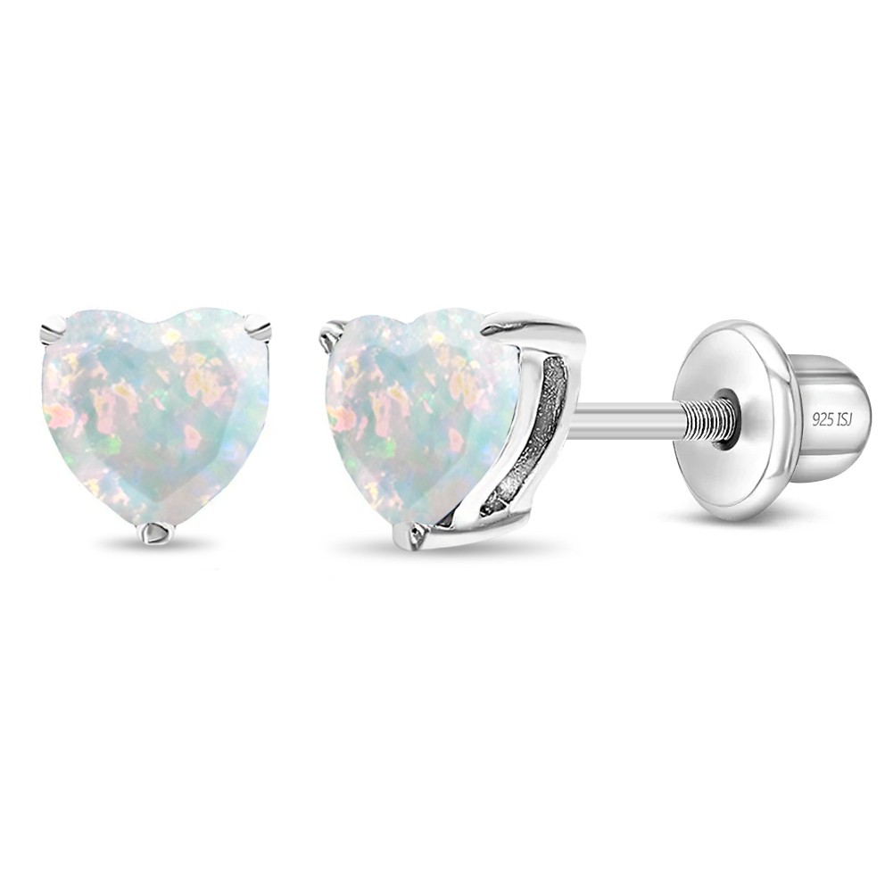 Opal Heart Kids / Children’s / Girls Earrings Screw Back – Sterling Silver