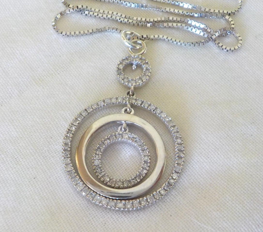14K White Gold Triple Circle Drop Diamond Necklace – 6.50 gms, 17 in, 0.42 ctw