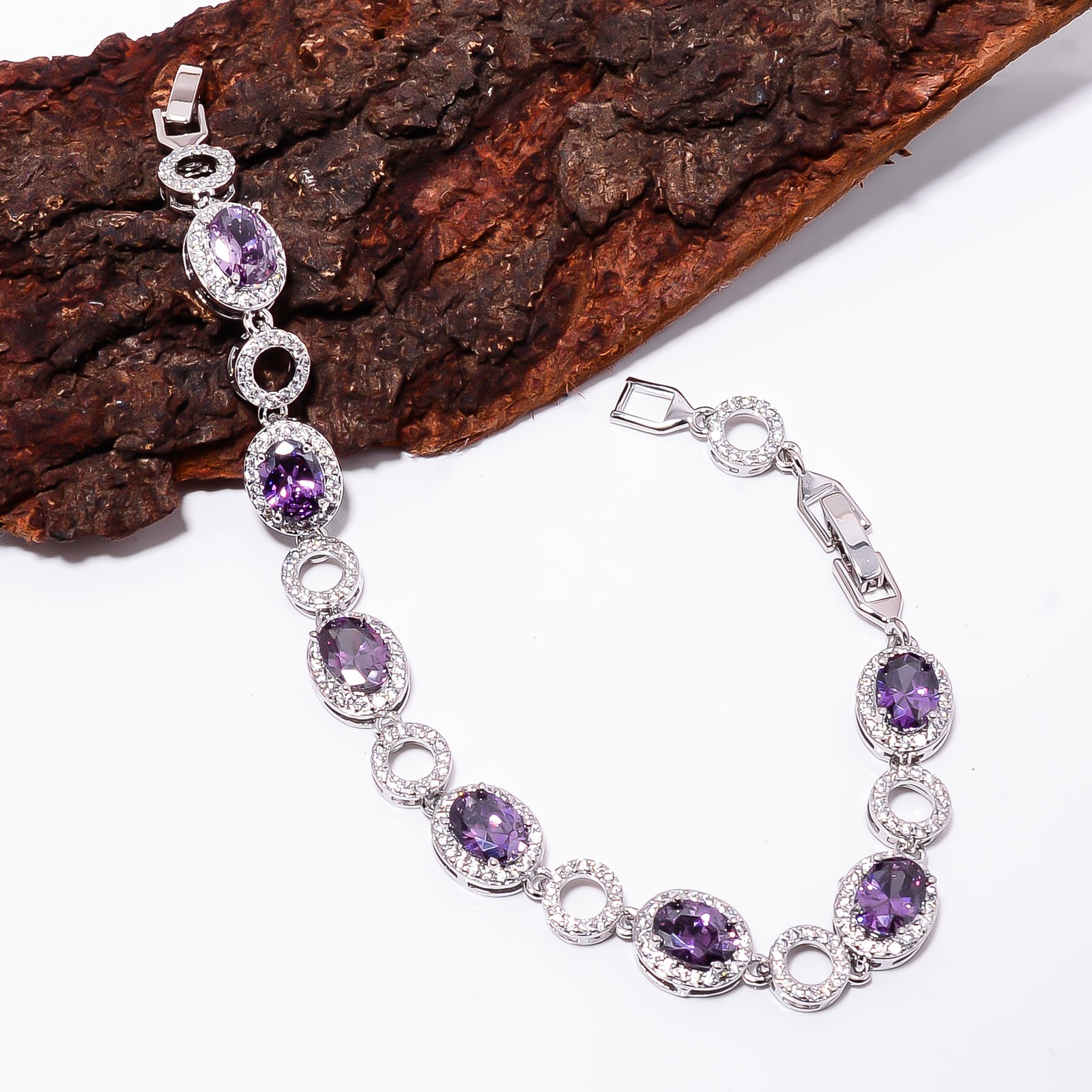 Purple Amethyst, CZ 925 Sterling Silver Adjustable Bracelet 7-8″ B132213