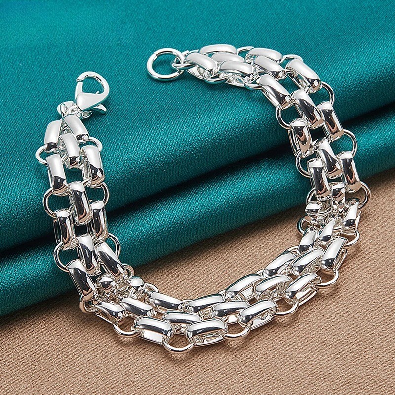 925 Sterling Silver Women Lnterlocking Circle Bracelet Chain Fashion Jewelry