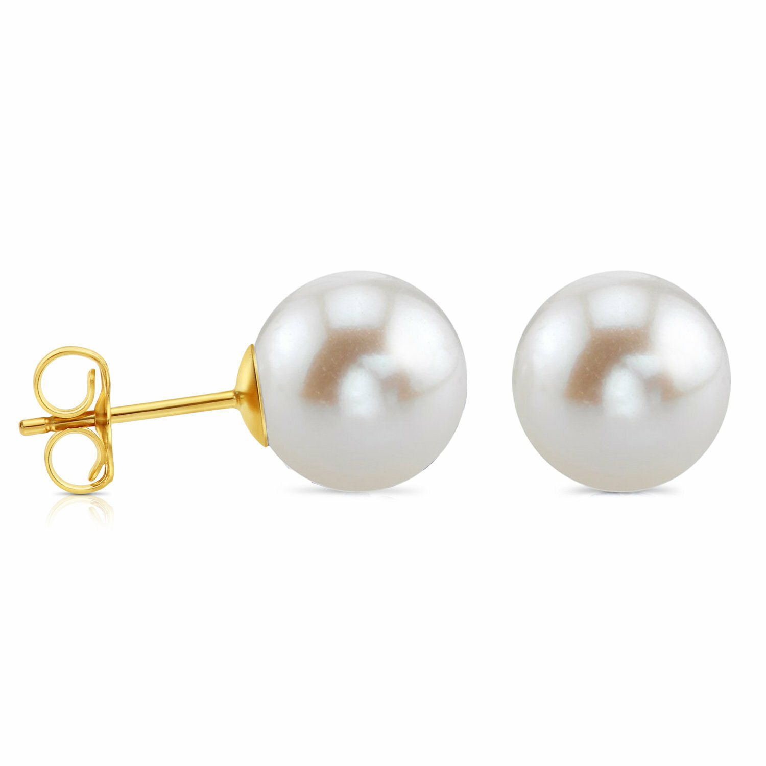 14K Real Solid Yellow Gold 7mm Freshwater Pearl Sleeper Studs Earrings Push-back