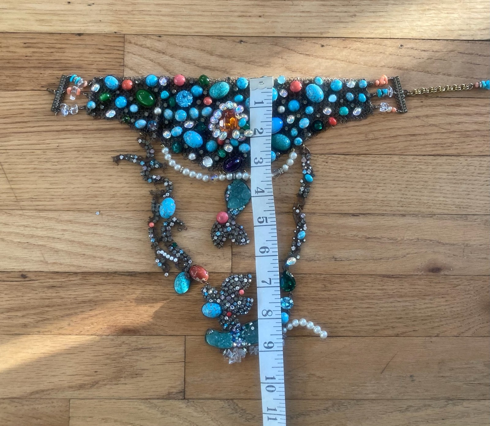 Couture 1980s Multi-Stone Chainmail Bib Necklace Turquoise Crystal Pearl
