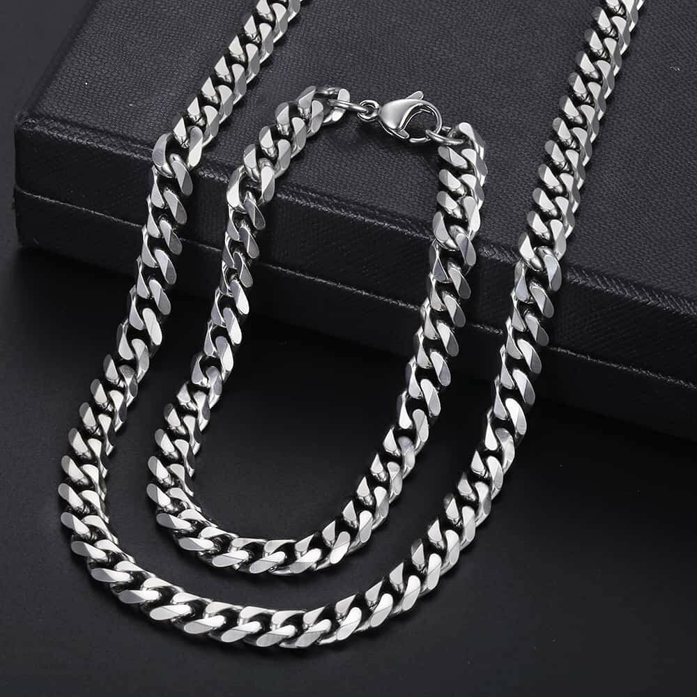 7MM Mens Necklace Bracelet Jewelry Set Stainless Steel Curb Cuban Chain 7″-30″