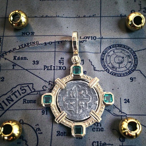 Atocha Silver Coin Pendant 14k Gold Overlay Emerald Cut Topaz Certificate