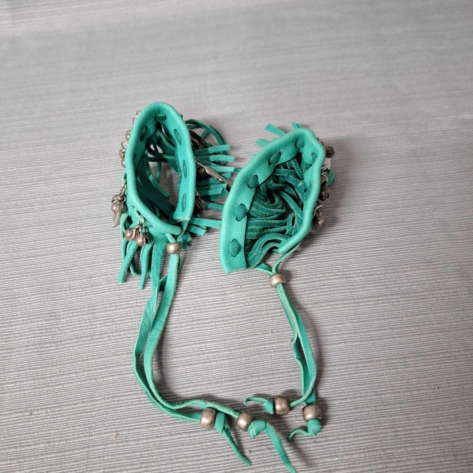 Pair of Faux Leather Bracelet Green Fringe Cuffs Bell Feather Bead Boho Festival