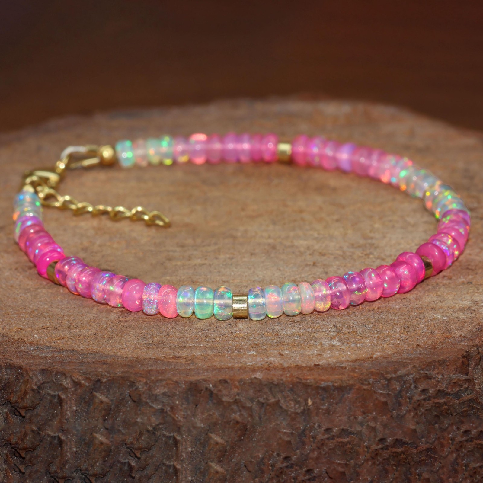 Pink Fire Opal Smooth Beads Silver Bracelet, Pink Opal Stone Gold Bracelet