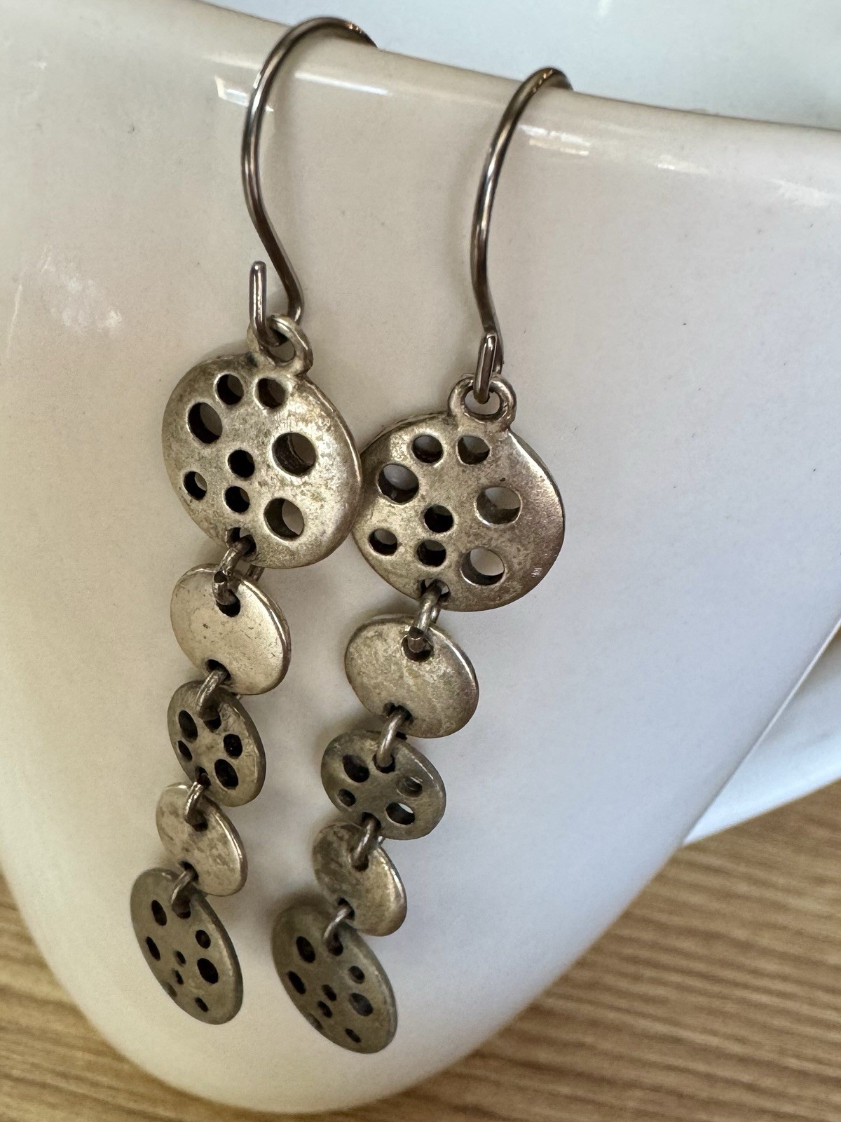 Vintage Matte Silver Lotus Pod Multi Disc Dangle Earrings Brutalist Boho 2.5”