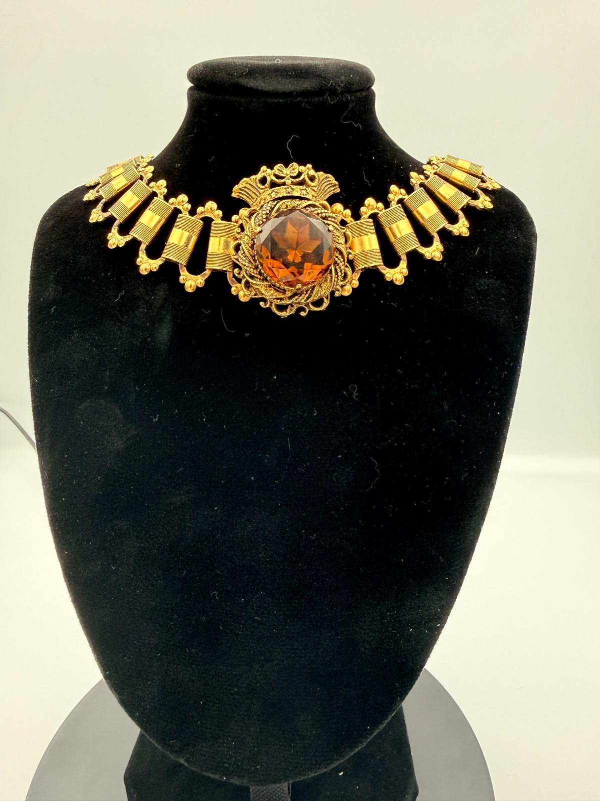 Vintage FLORENZA Victorian Revival Topaz Glass Choker Necklace Signed