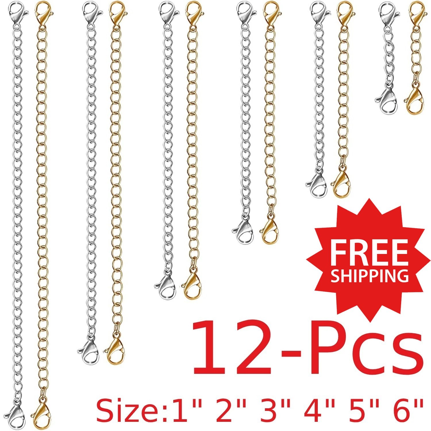 12 Pcs Extender /Safety Chain Extender Necklace Bracelet Lobster lock 1″ To 6″
