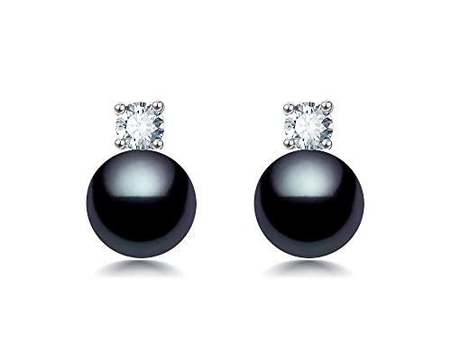 9-9.5mm Black Freshwater Pearl Stud Earrings AAAA Rhodium Plated Silver