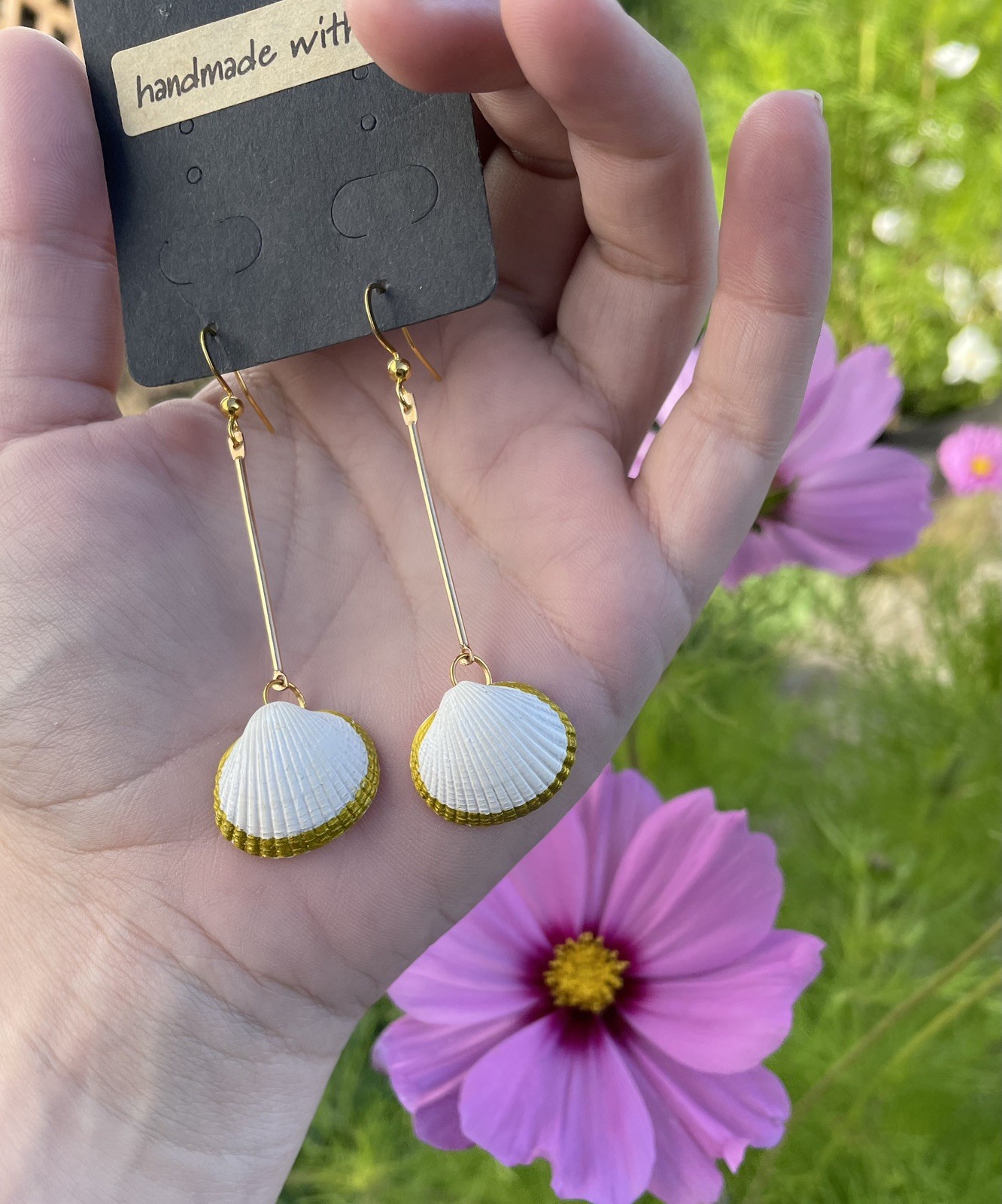 Handmade Gold Trim Coastal Beach Shell Drop Lined Dangle Jewellery Earrings Gift