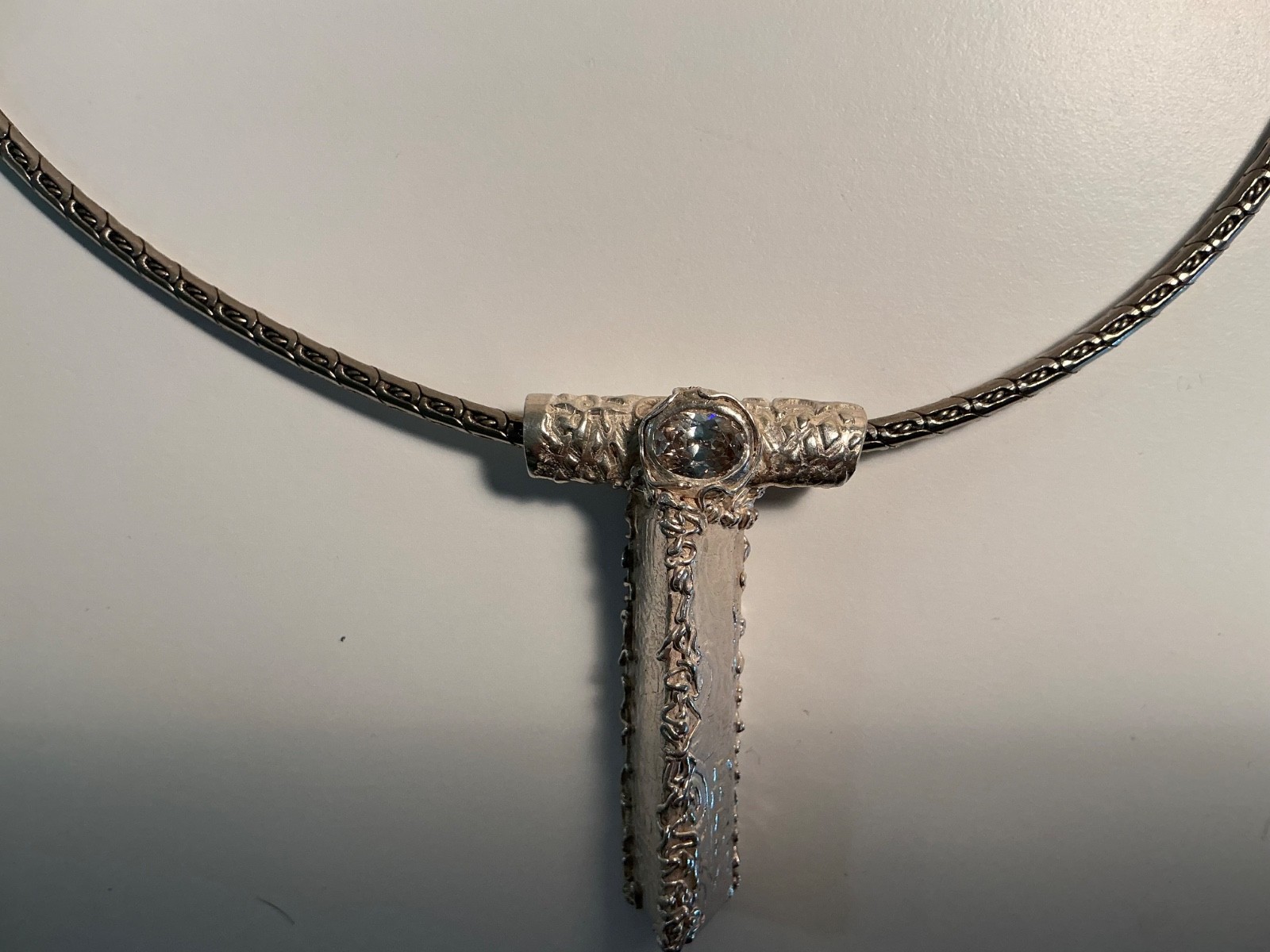 STERLING SILVER WHITE TOPAZ ARTISAN HAND FORGED CROSS ON 18” NECKLACE 47gms
