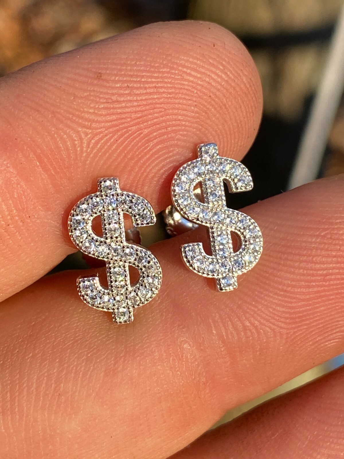 Real 925 Sterling Silver Men Ladies Dollar Sign $ Money Earrings Studs CZ