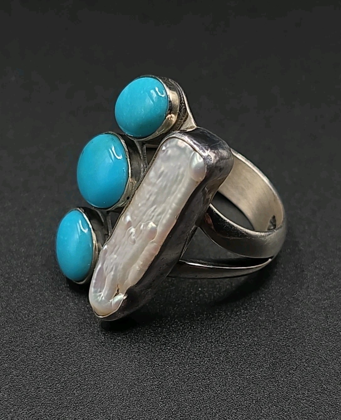 🔥VTG Native American Style Sterling Sliver Turquoise And Mother Of Pearl Ring