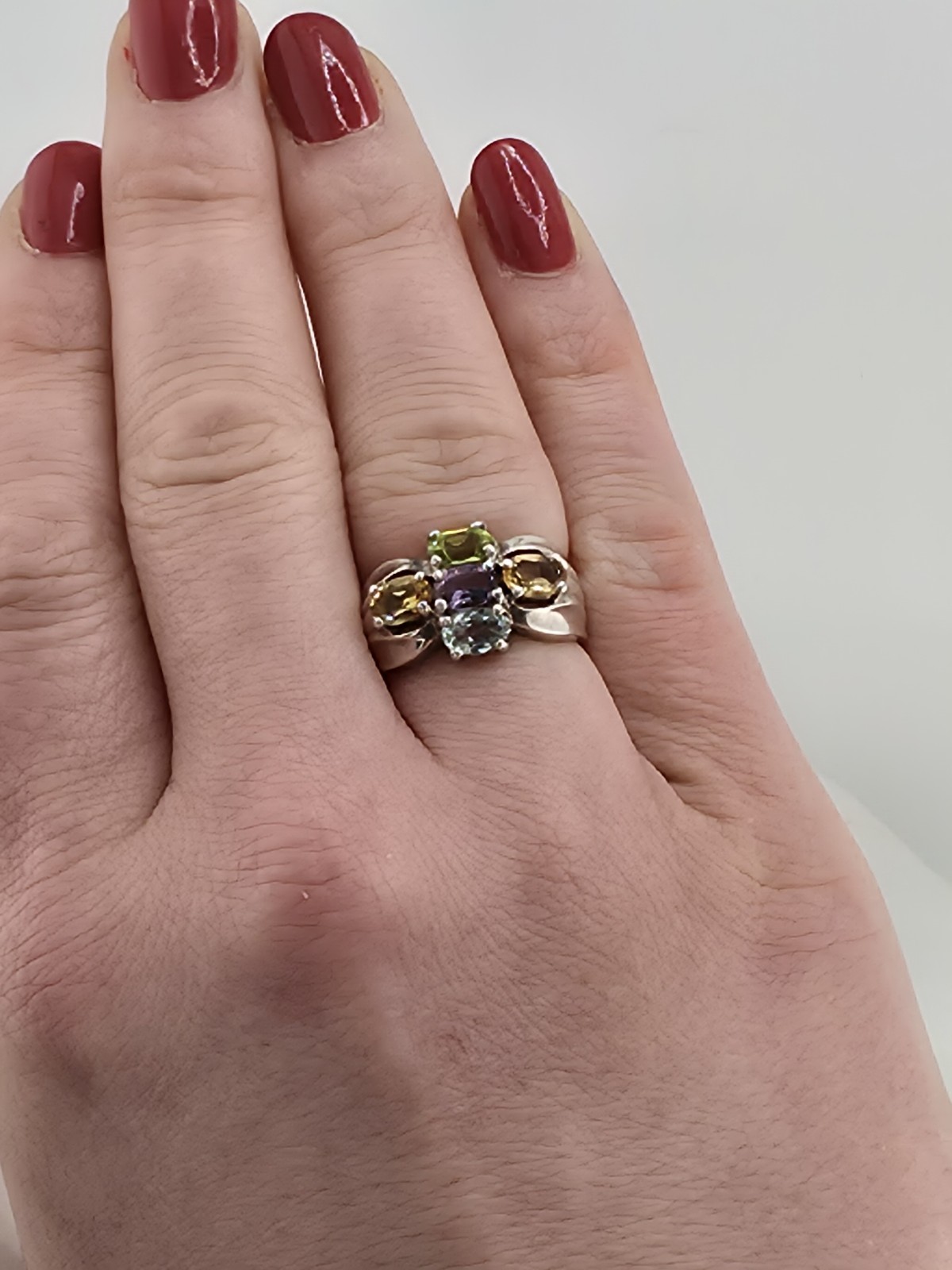 Vintage Sterling Silver 5 Gemstone Cluster Ring Amethyst Peridot Citrine Sz 7.5